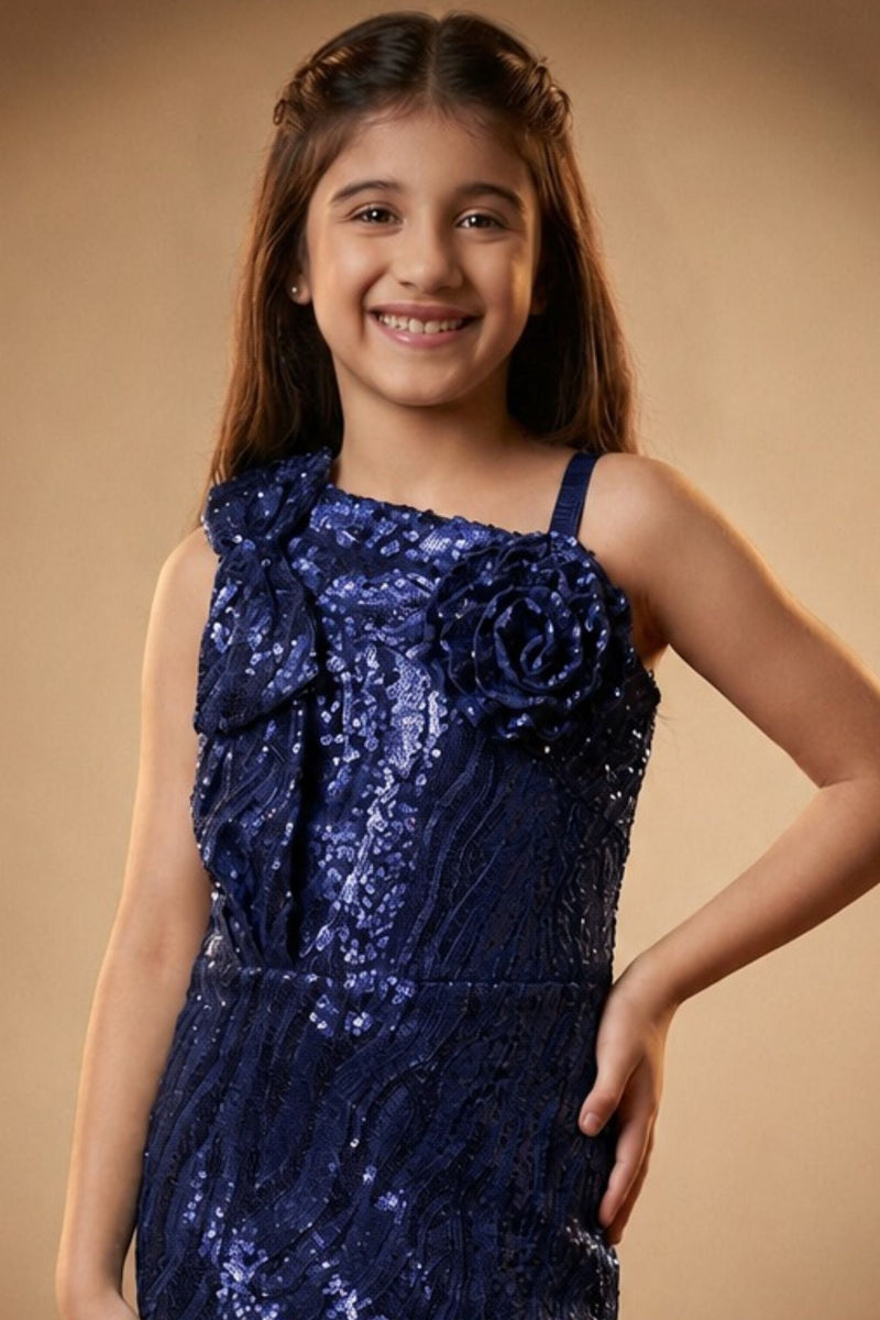 Navy Blue Sequin One-Shoulder Floral Appliqué Party Wear Gown For Girls