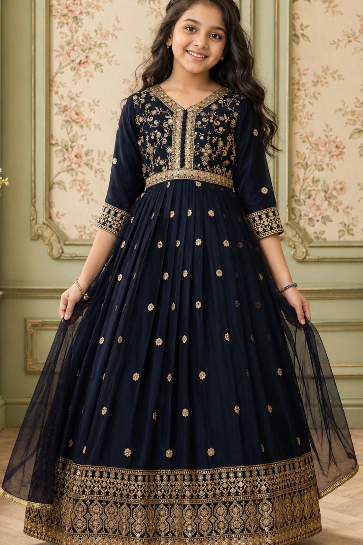 Navy Blue Sequins Work And Zari Embroidered Ethnic Gown For Girls