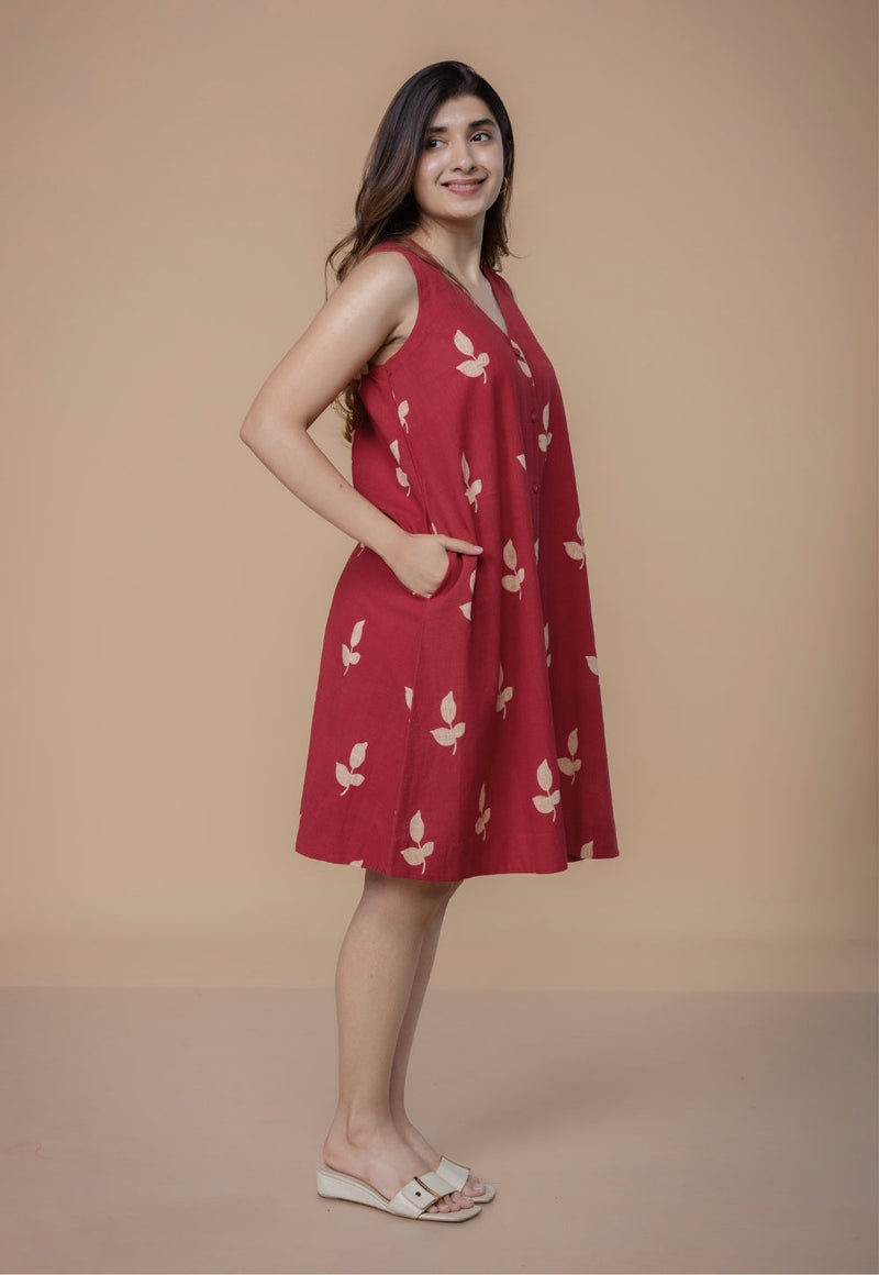 Siaa Red Dabu Slub Cotton A Line Dress