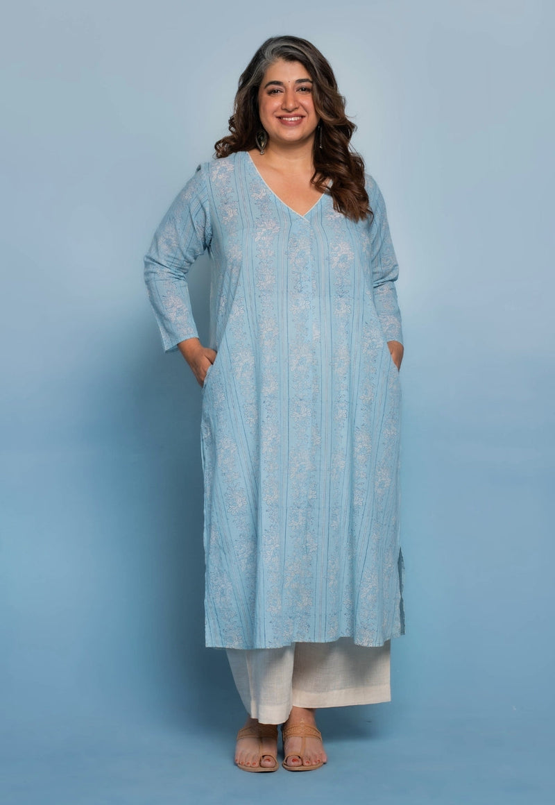 Raila Blue Dabu Mul Cotton Straight Kurta