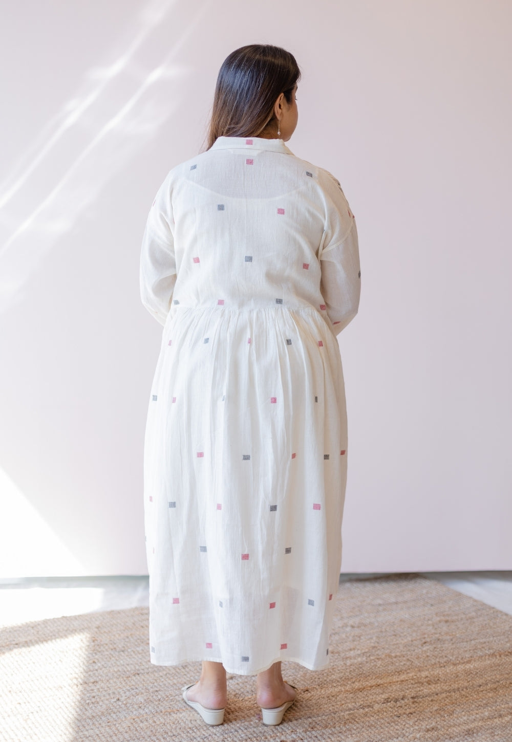 Rhea Off White Jamdani Handloom Cotton A Line Dress