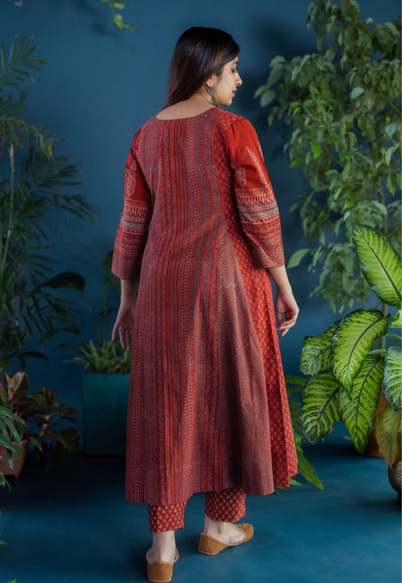 Pranika Red Ajrakh Cotton Kali Kurta with Hand Embroidery