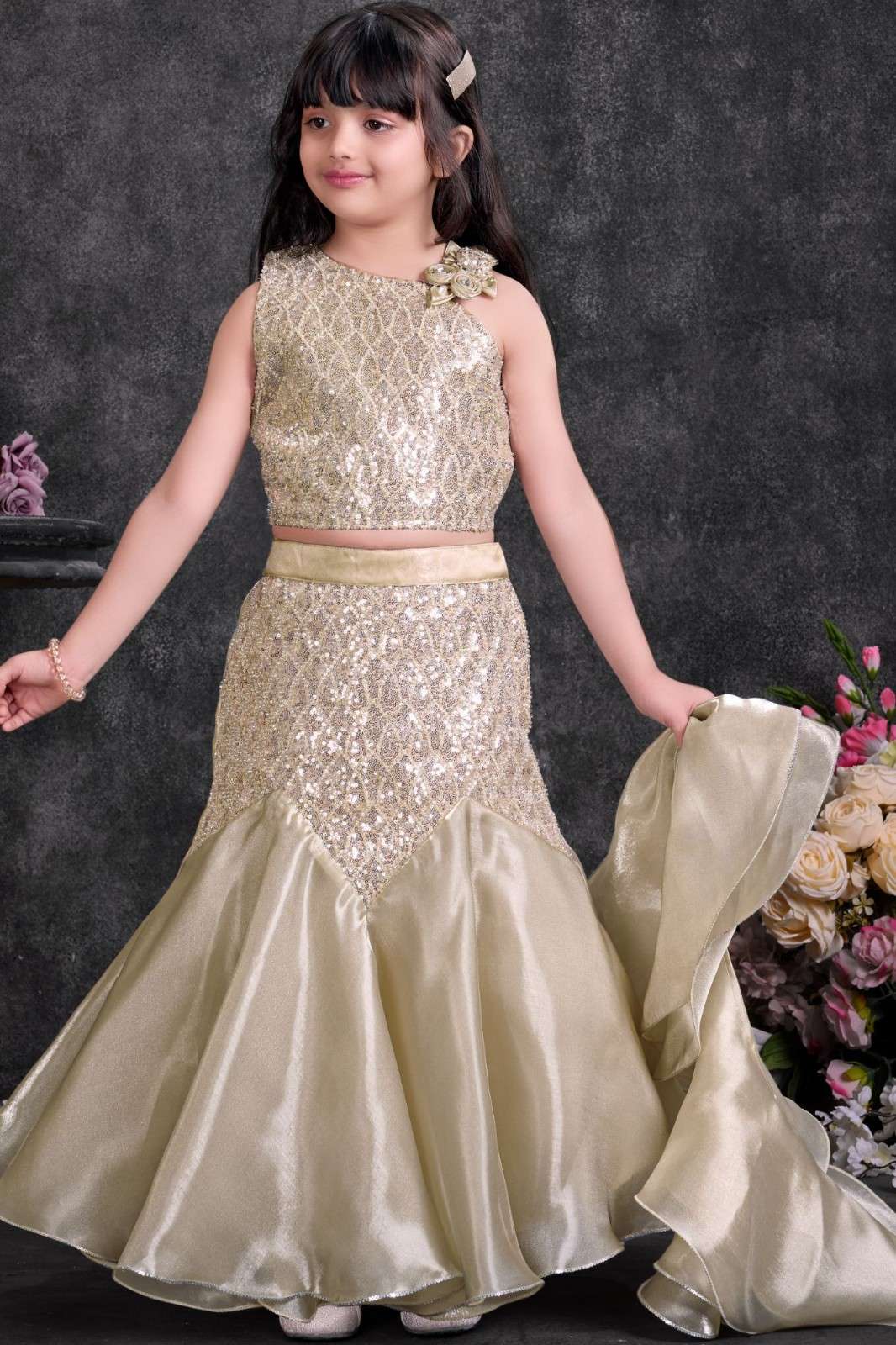 Fawn Sequin Embroidered Lehenga Choli Set For Girls