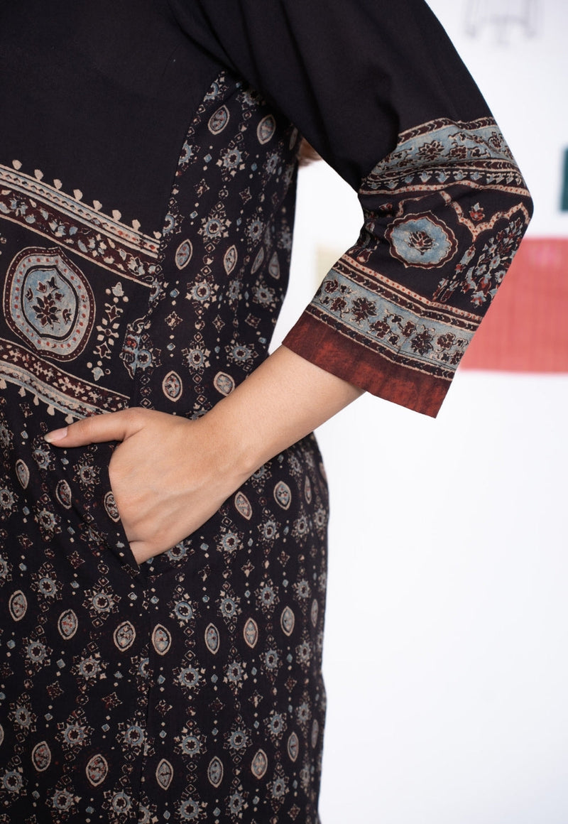 Elisha Black Ajrakh Cotton Straight Kurta