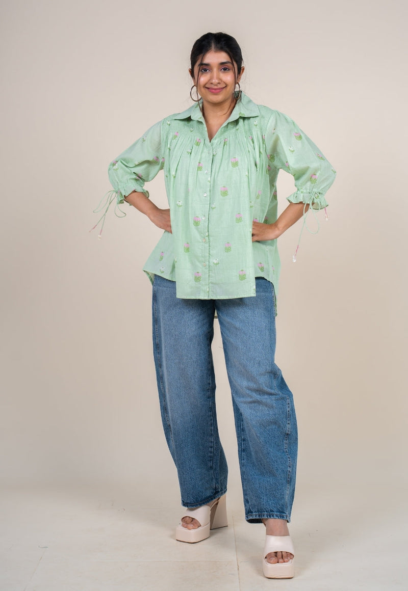 Yuvika Mint Green Printed Mul Straight Short Top