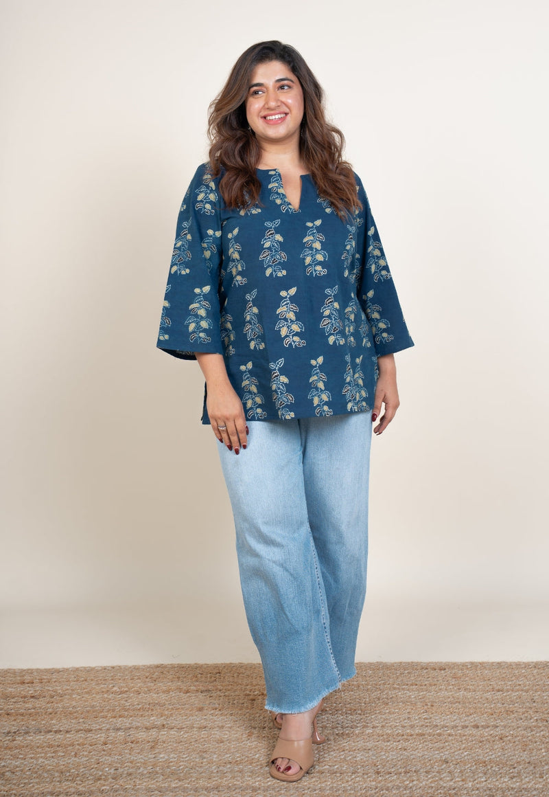 Anvi Blue Ajrakh Cotton Straight Short Top