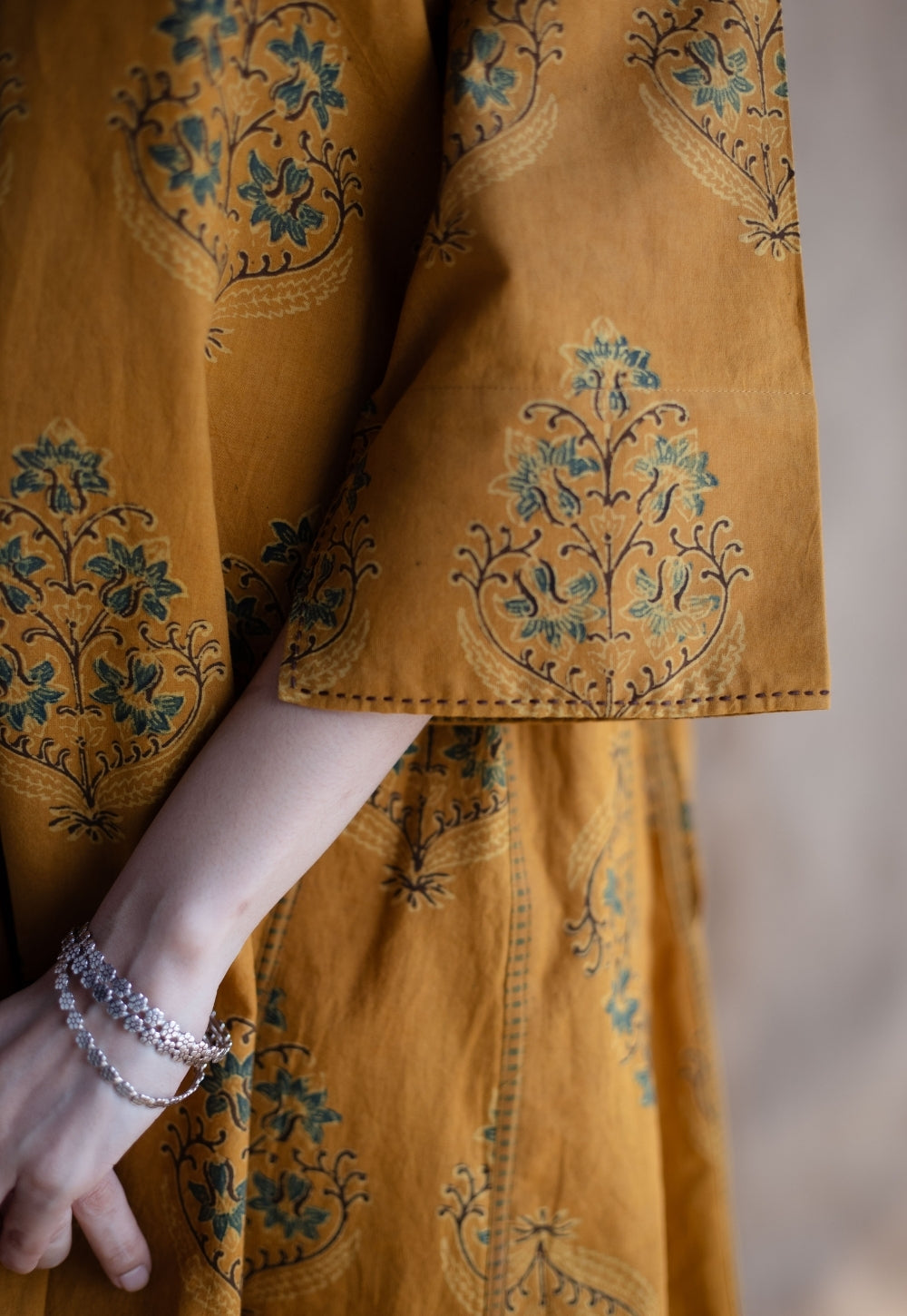 Trisha Mustard Ajrakh Cotton Jhabbha Kali Kurta with Hand Embroidery