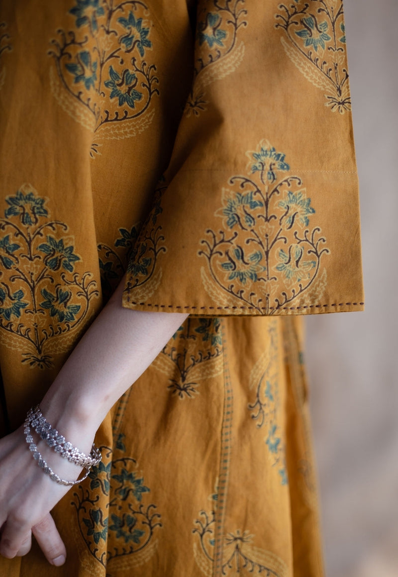 Trisha Mustard Ajrakh Cotton Jhabbha Kali Kurta with Hand Embroidery