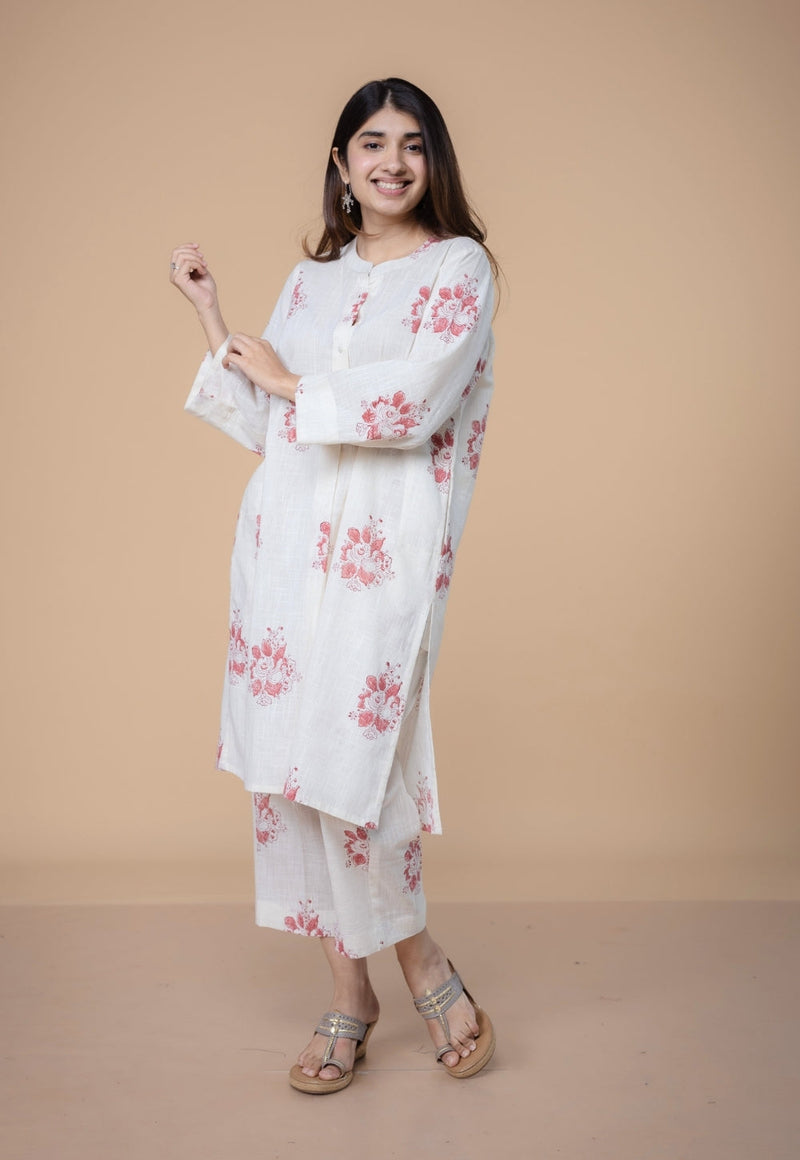 Harshi White Dabu Slub Cotton Straight Co-Ord Set