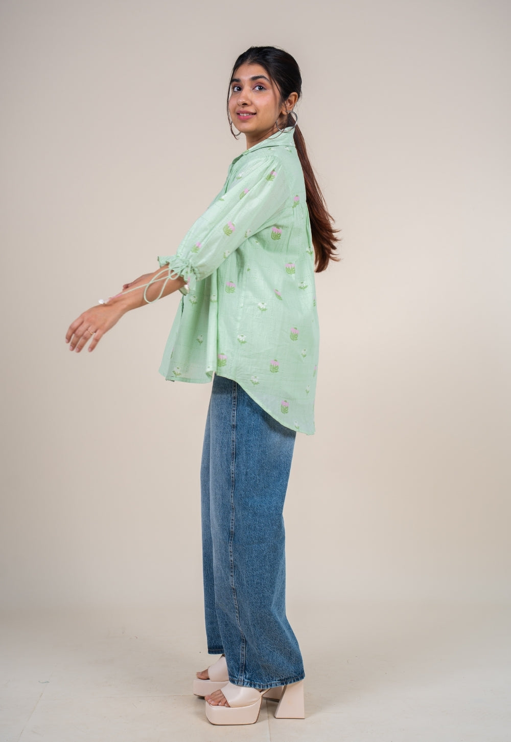 Yuvika Mint Green Printed Mul Straight Short Top