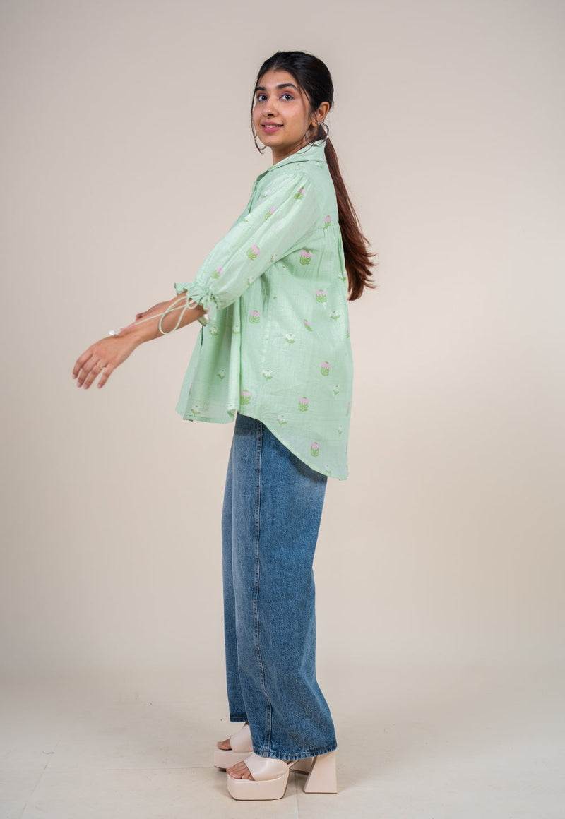 Yuvika Mint Green Printed Mul Straight Short Top