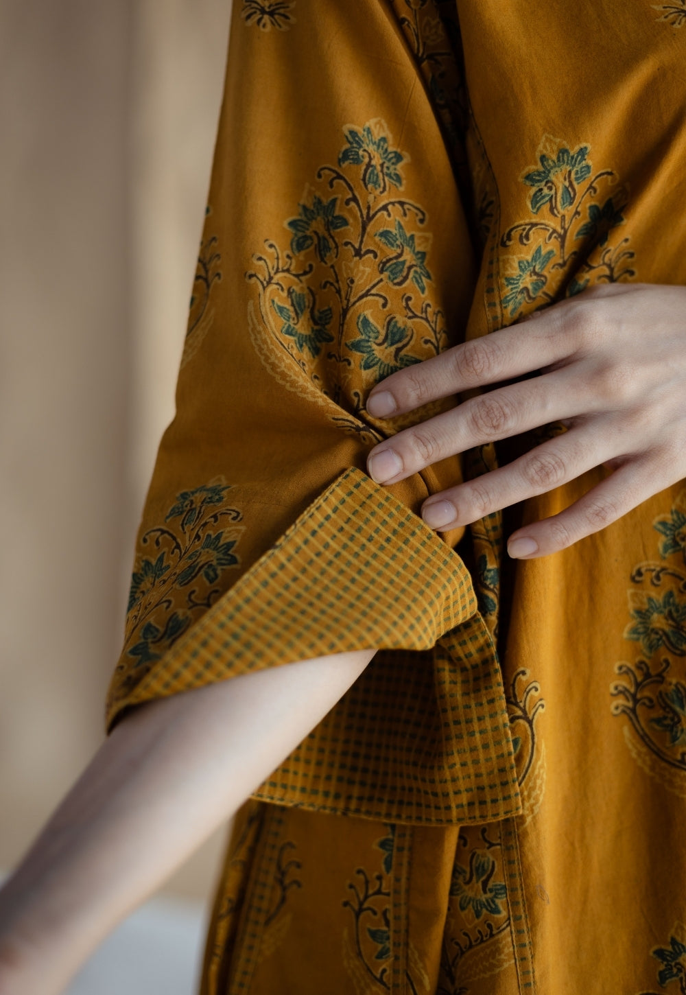 Trisha Mustard Ajrakh Cotton Jhabbha Kali Kurta with Hand Embroidery