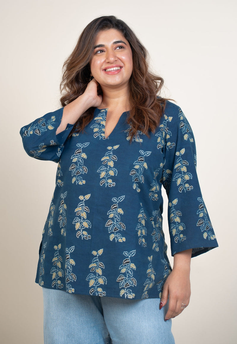 Anvi Blue Ajrakh Cotton Straight Short Top