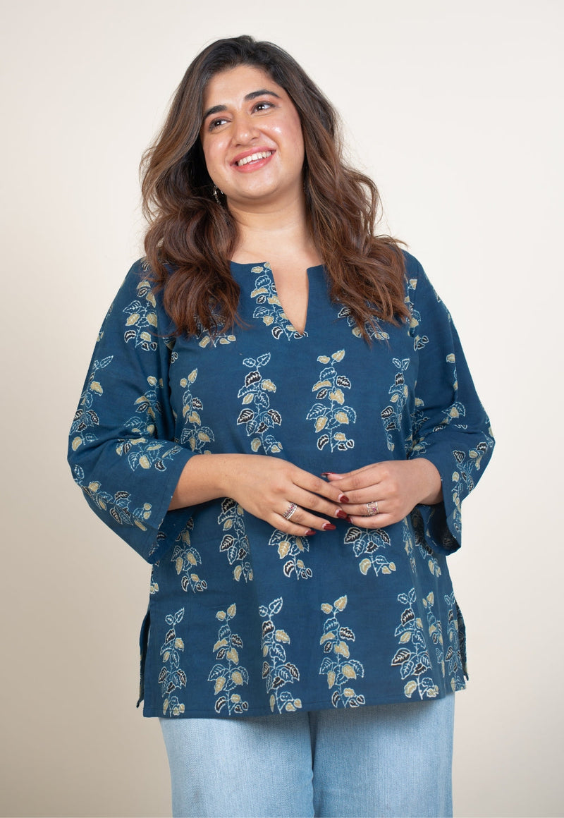 Anvi Blue Ajrakh Cotton Straight Short Top