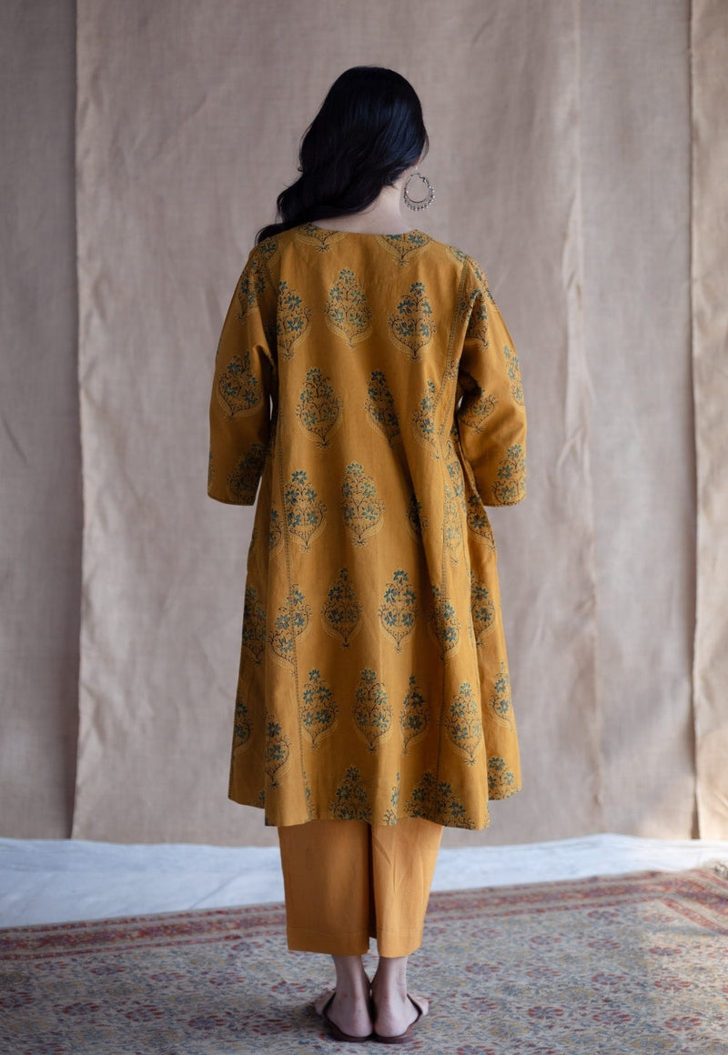Trisha Mustard Ajrakh Cotton Jhabbha Kali Kurta with Hand Embroidery