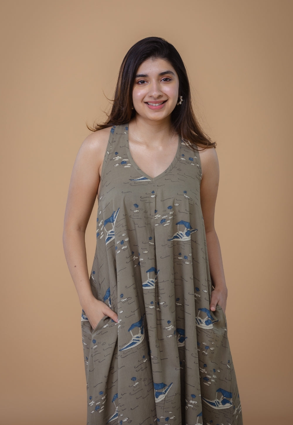 Tashi Grey Ajrakh Cotton A Line Dress