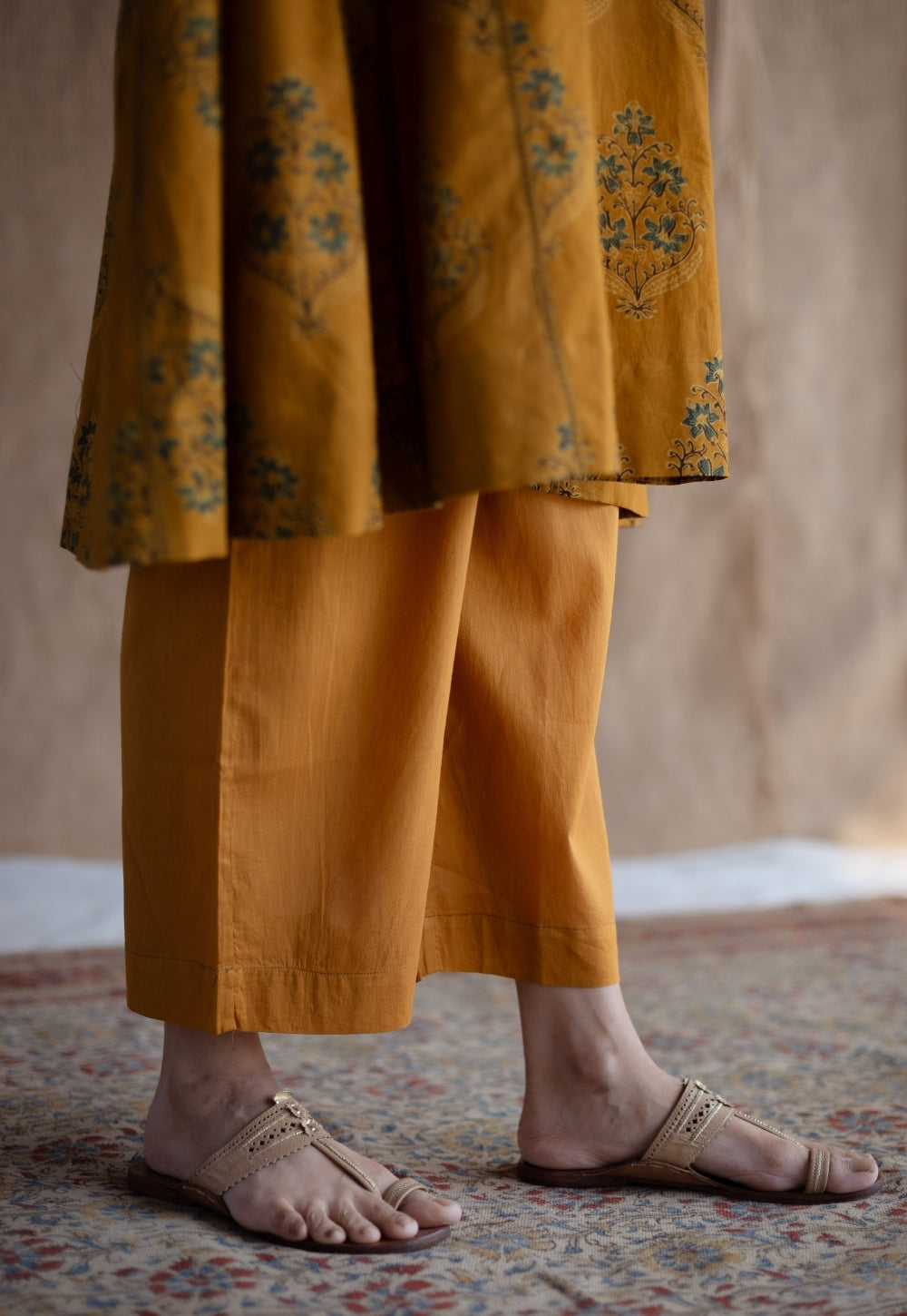Trisha Mustard Ajrakh Cotton Jhabbha Kali Kurta with Hand Embroidery