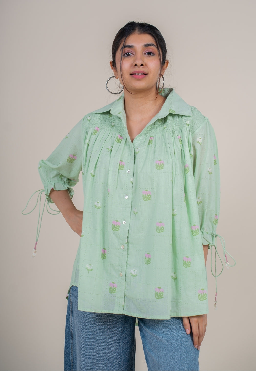 Yuvika Mint Green Printed Mul Straight Short Top