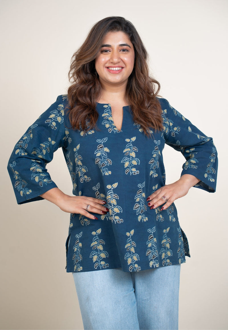 Anvi Blue Ajrakh Cotton Straight Short Top