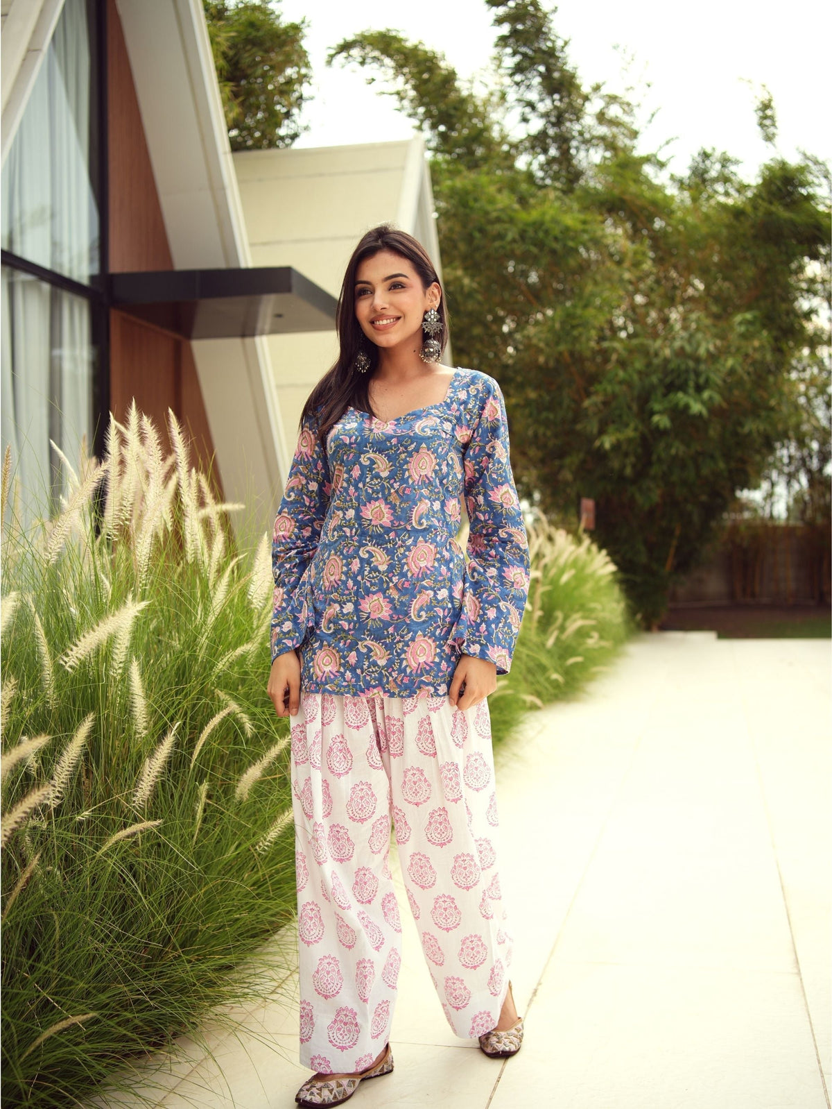 Mrunal Blue & Pink Handblock Cotton Three Piece Farshi Set with Mul Cotton Dupatta