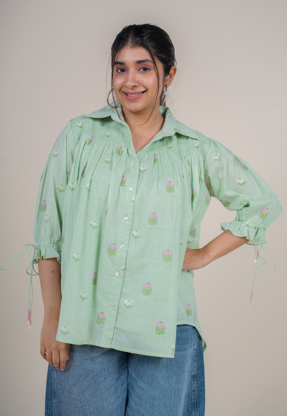 Yuvika Mint Green Printed Mul Straight Short Top