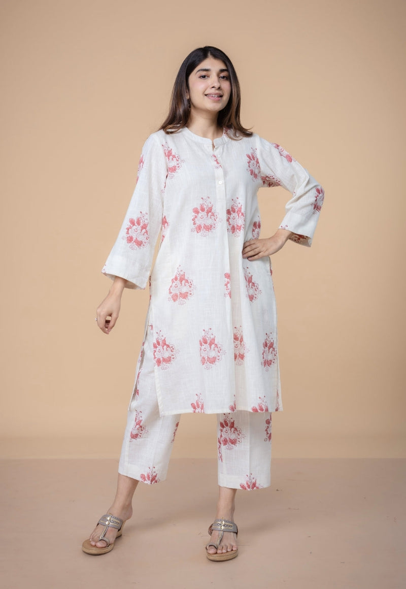 Harshi White Dabu Slub Cotton Straight Co-Ord Set