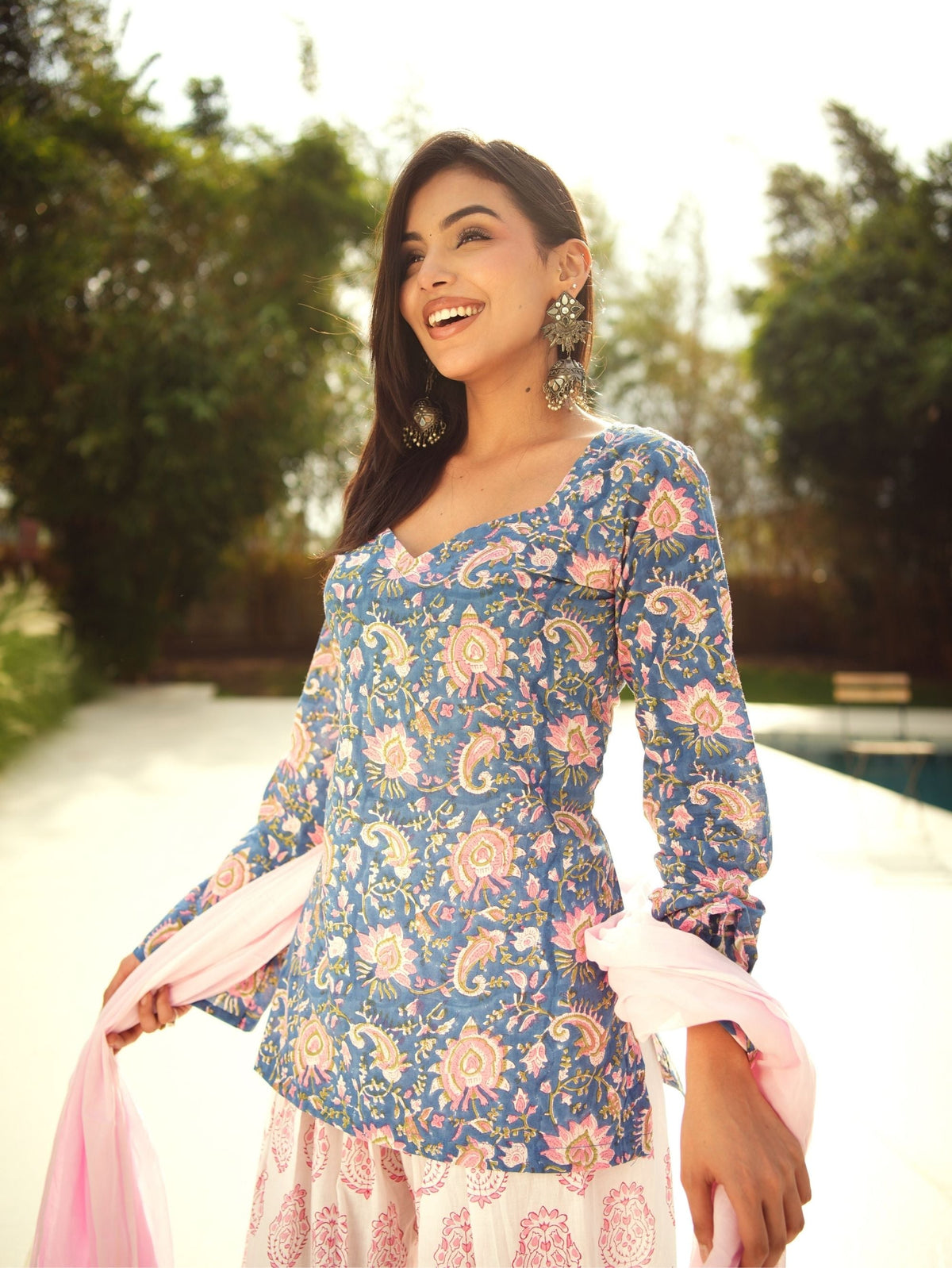 Mrunal Blue & Pink Handblock Cotton Three Piece Farshi Set with Mul Cotton Dupatta