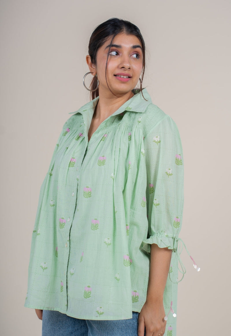Yuvika Mint Green Printed Mul Straight Short Top