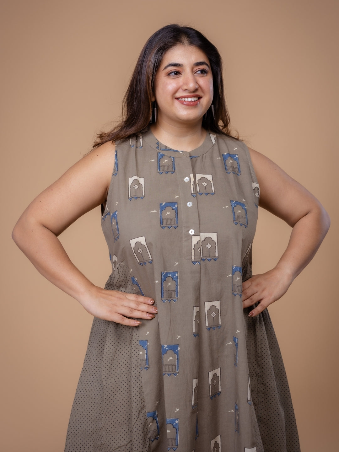 Fariyah Grey Ajrakh Cotton A Line Dress