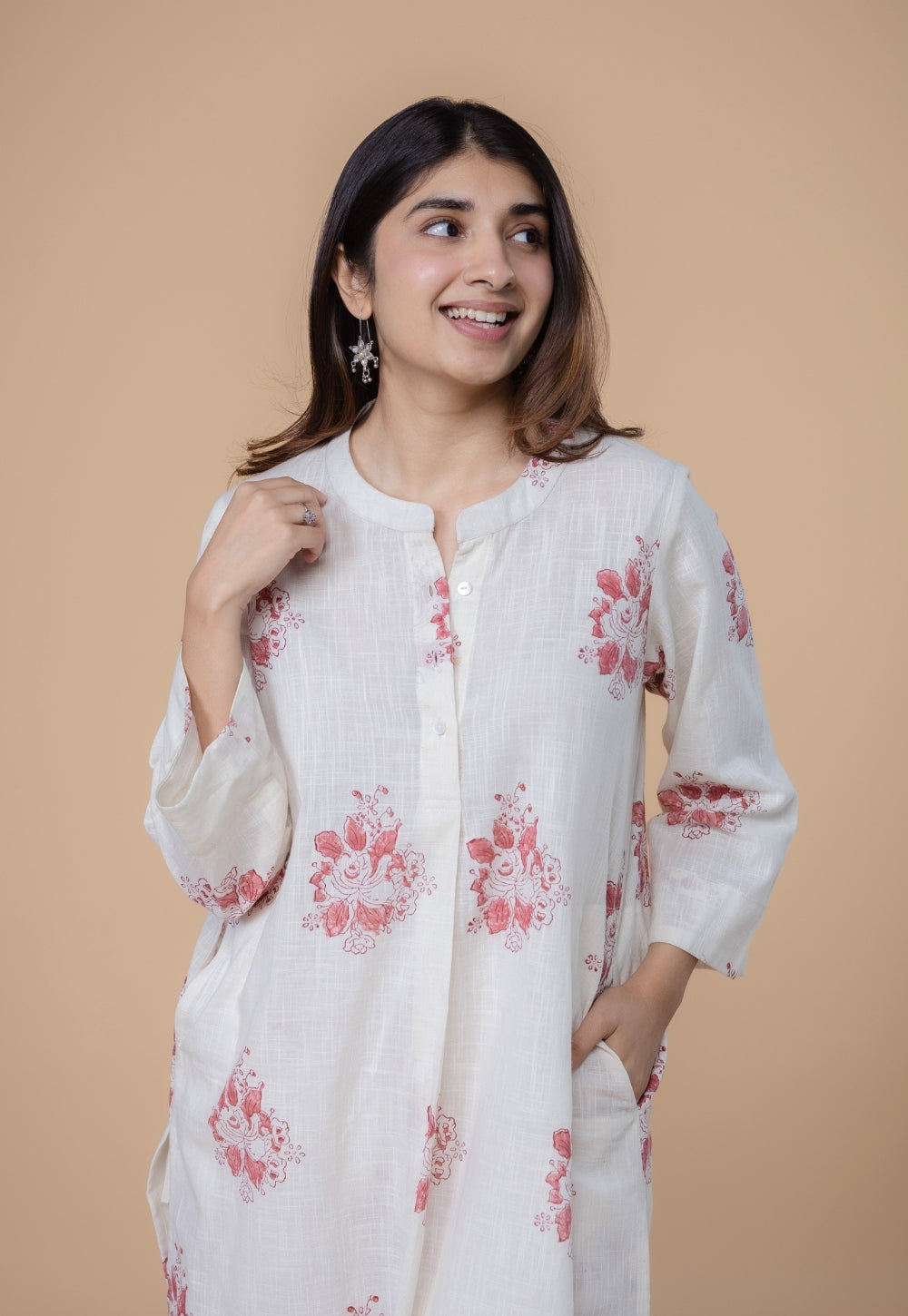 Harshi White Dabu Slub Cotton Straight Co-Ord Set