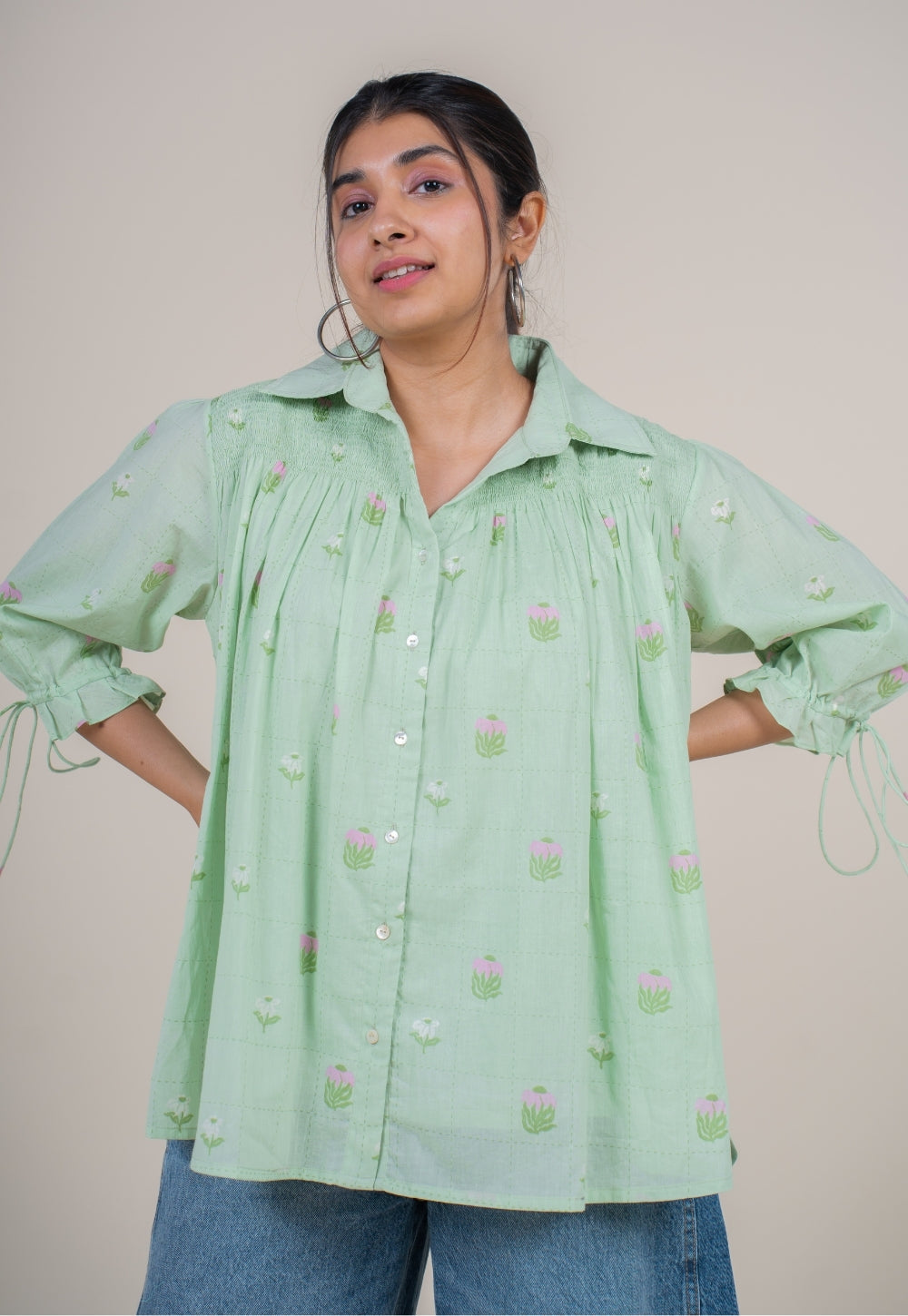 Yuvika Mint Green Printed Mul Straight Short Top