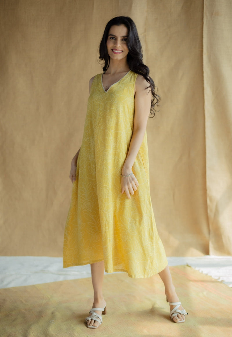 Mariam Mustard Hand Block Print Slub Cotton A Line Dress with Hand Embroidery