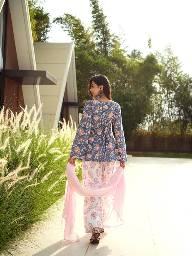 Mrunal Blue & Pink Handblock Cotton Three Piece Farshi Set with Mul Cotton Dupatta