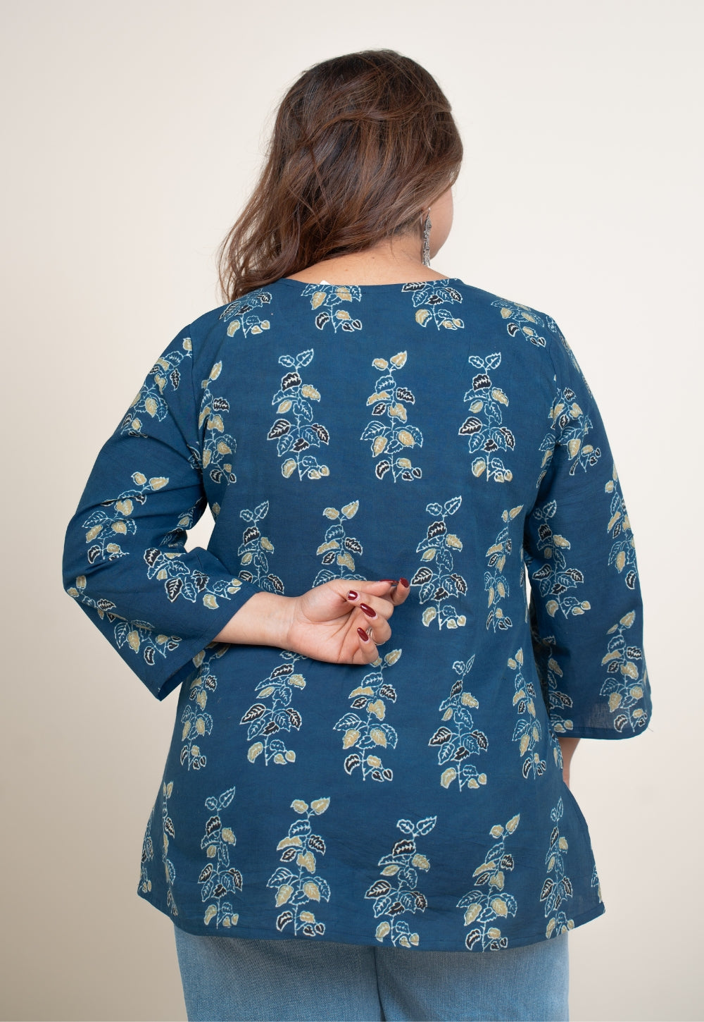 Anvi Blue Ajrakh Cotton Straight Short Top