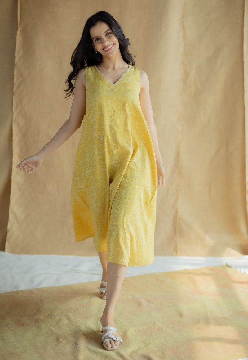 Mariam Mustard Hand Block Print Slub Cotton A Line Dress with Hand Embroidery