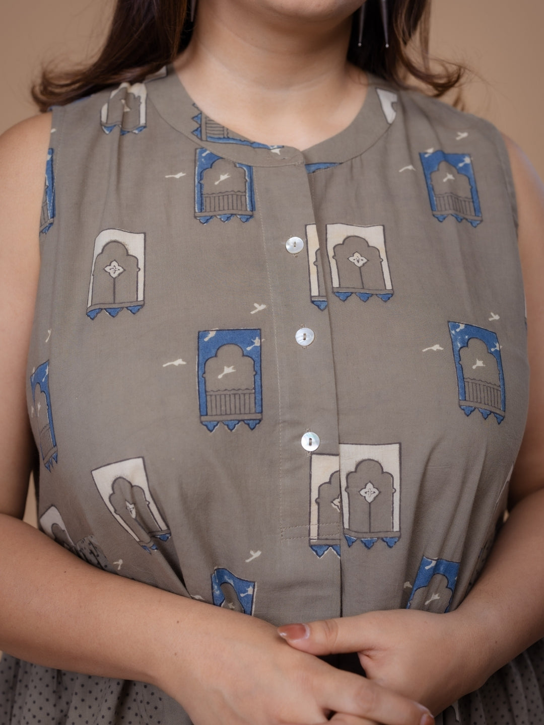 Fariyah Grey Ajrakh Cotton A Line Dress