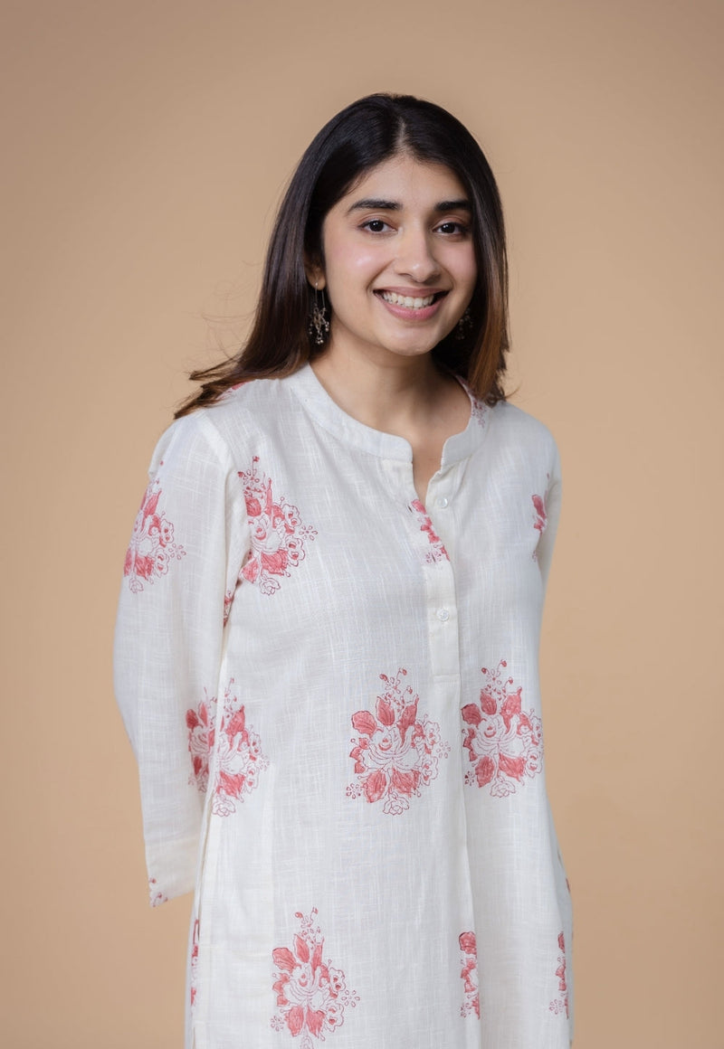 Harshi White Dabu Slub Cotton Straight Co-Ord Set