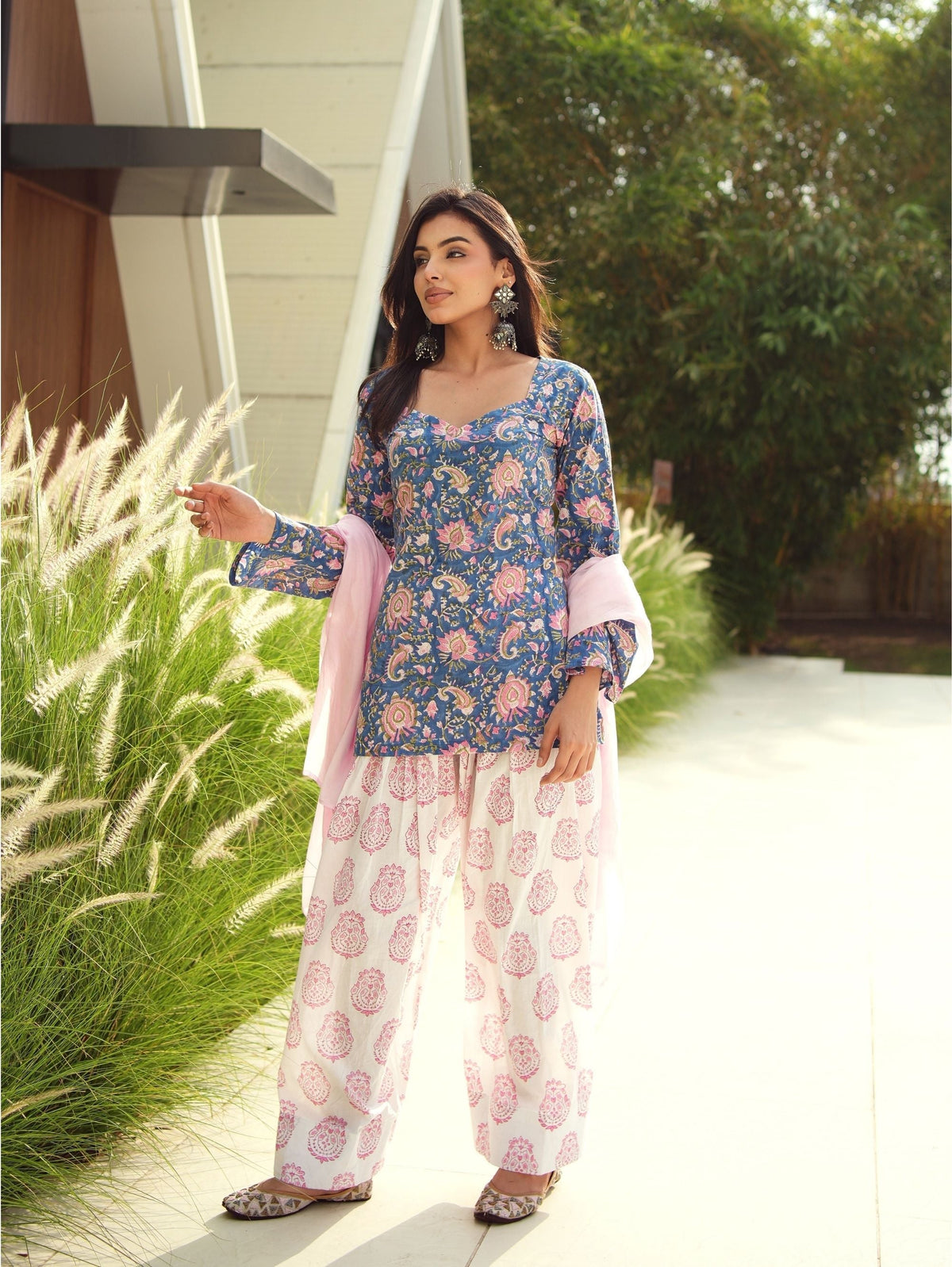 Mrunal Blue & Pink Handblock Cotton Three Piece Farshi Set with Mul Cotton Dupatta