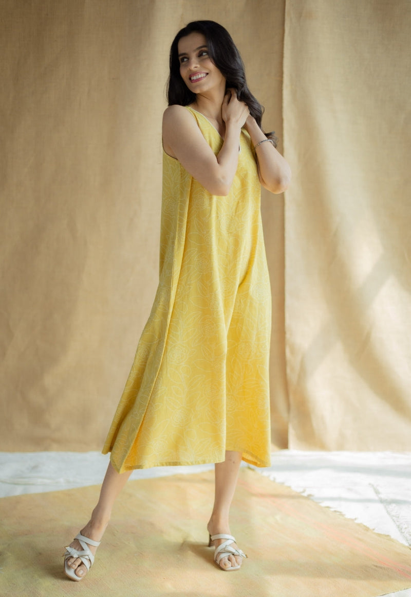 Mariam Mustard Hand Block Print Slub Cotton A Line Dress with Hand Embroidery