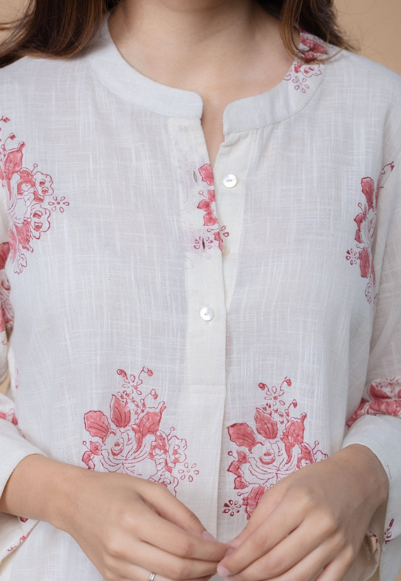 Harshi White Dabu Slub Cotton Straight Co-Ord Set