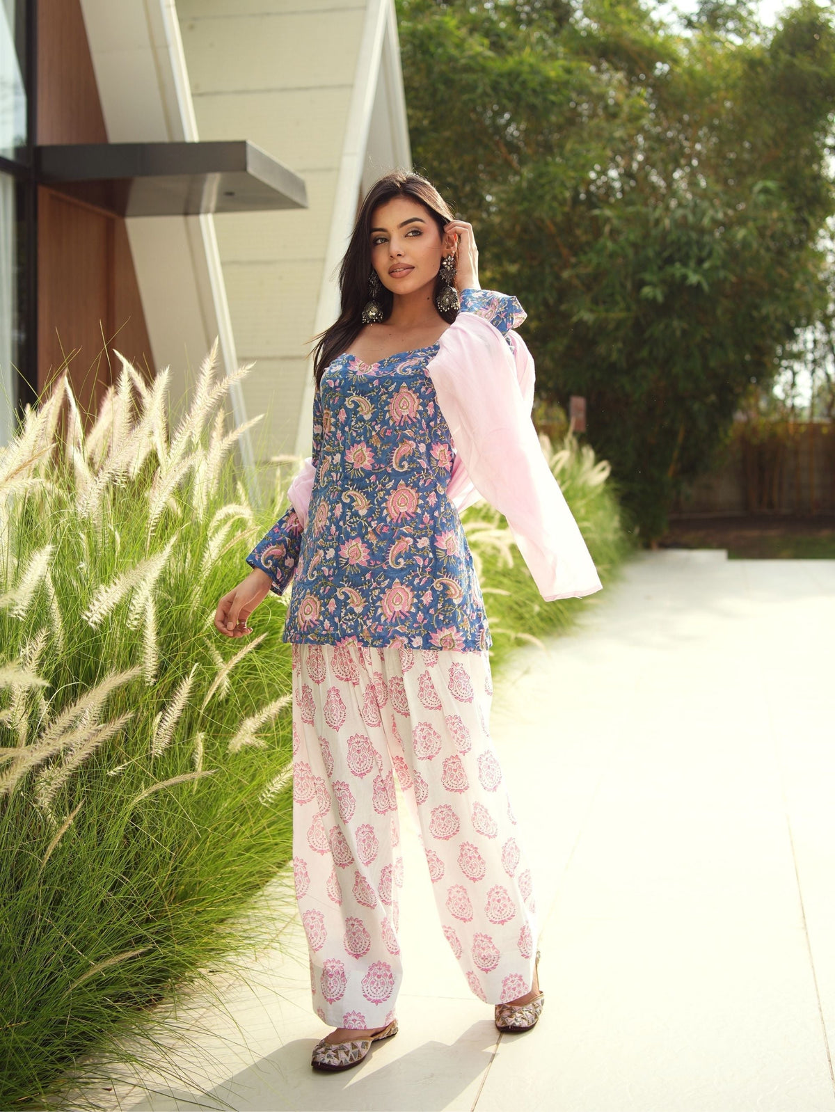 Mrunal Blue & Pink Handblock Cotton Three Piece Farshi Set with Mul Cotton Dupatta