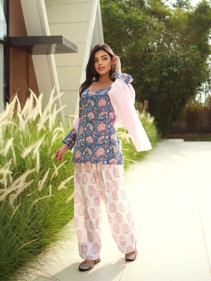 Mrunal Blue & Pink Handblock Cotton Three Piece Farshi Set with Mul Cotton Dupatta