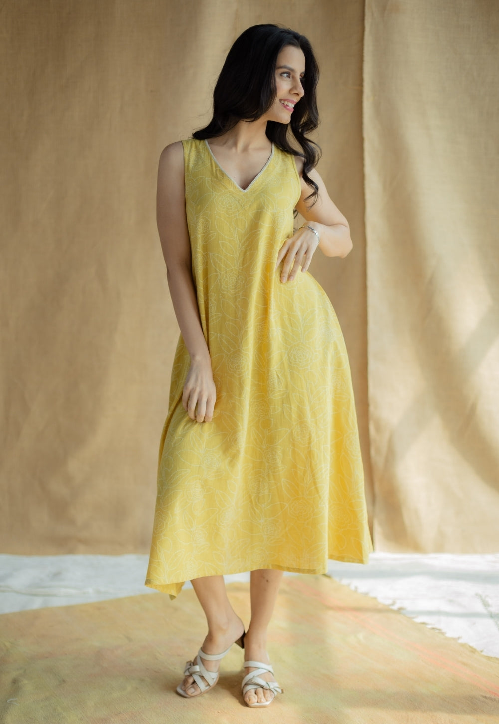 Mariam Mustard Hand Block Print Slub Cotton A Line Dress with Hand Embroidery