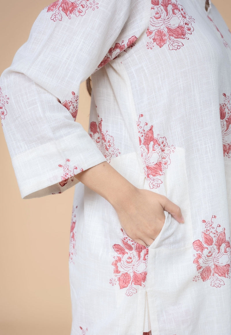 Harshi White Dabu Slub Cotton Straight Co-Ord Set