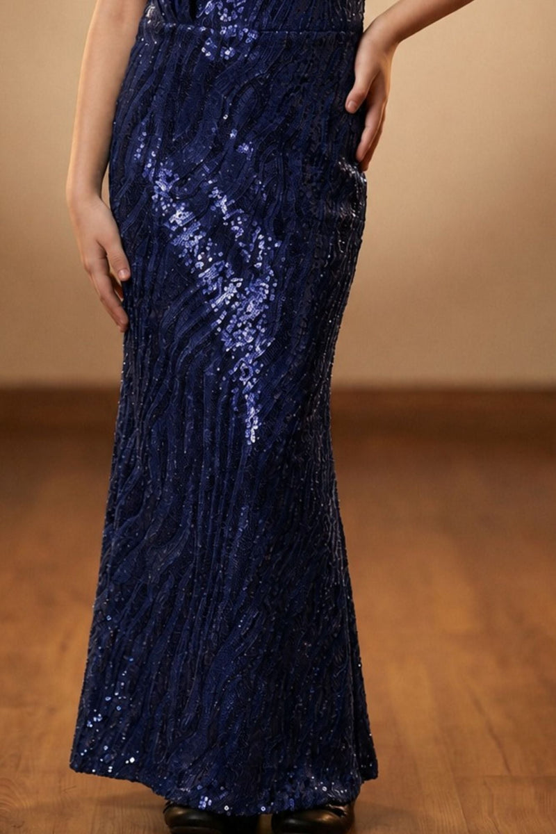 Navy Blue Sequin One-Shoulder Floral Appliqué Party Wear Gown For Girls
