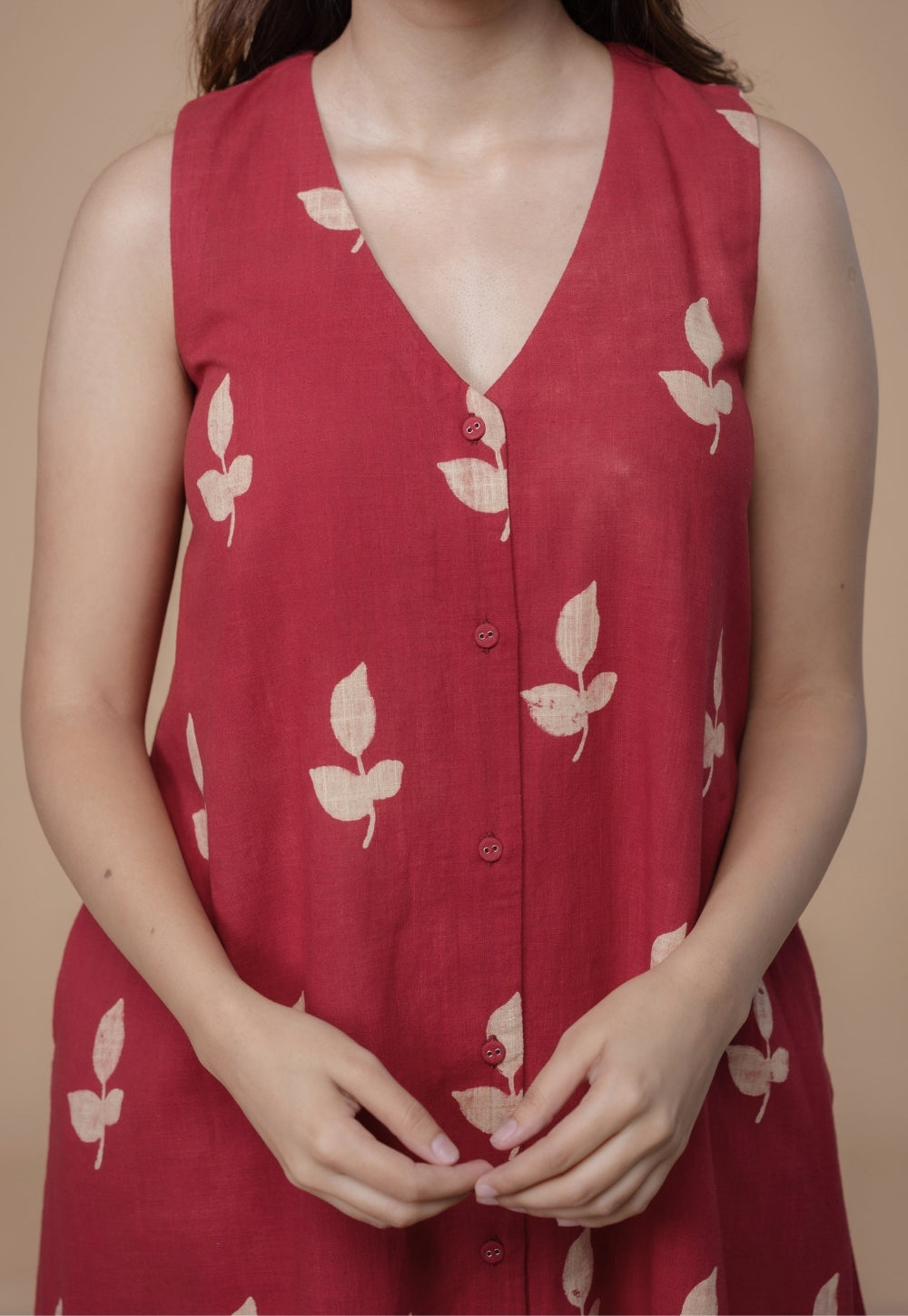 Siaa Red Dabu Slub Cotton A Line Dress