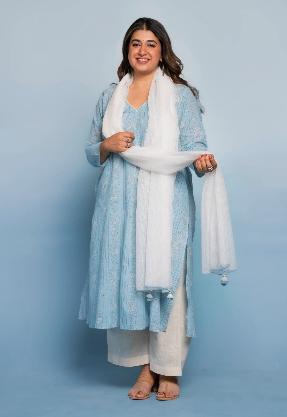 Raila Blue Dabu Mul Cotton Straight Kurta