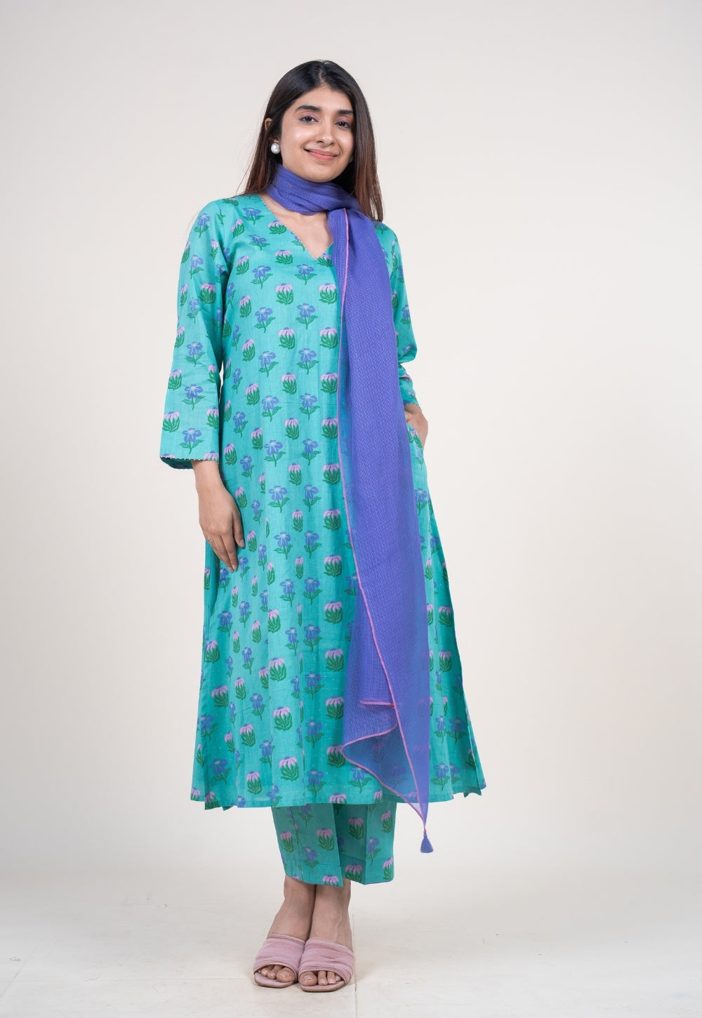 Reva Mint Green Printed Mul A Line Kurta with Hand Embroidery