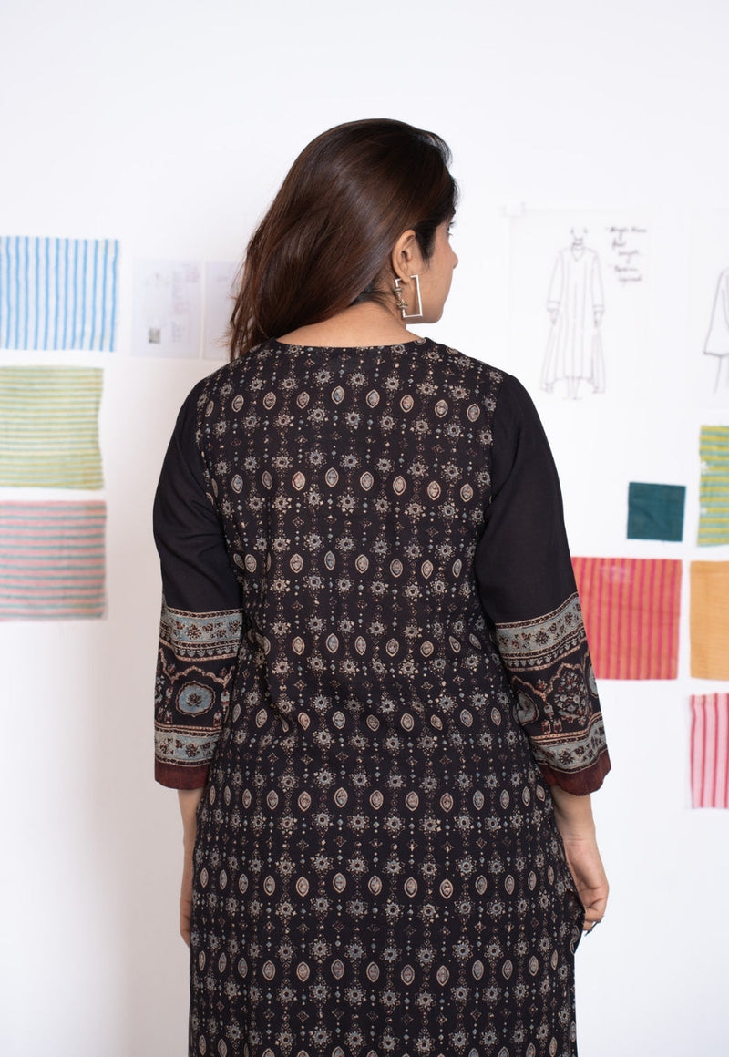 Elisha Black Ajrakh Cotton Straight Kurta