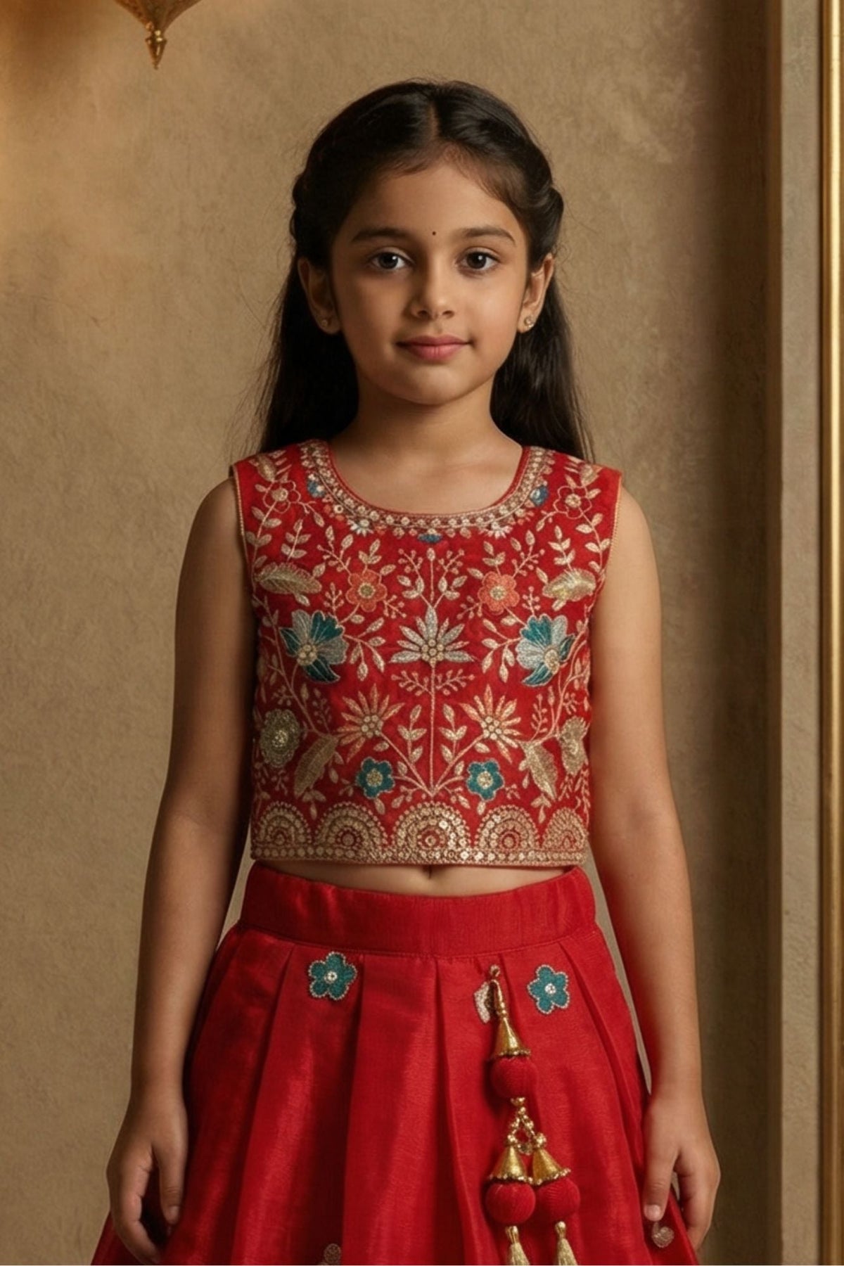 Red Embroidered Lehenga Choli Set with Net Dupatta For Girls